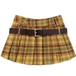 Belts & Chains|Skirts*Boogzel Clothing Double Belt Plaid Pleated Skirt in Yellow
