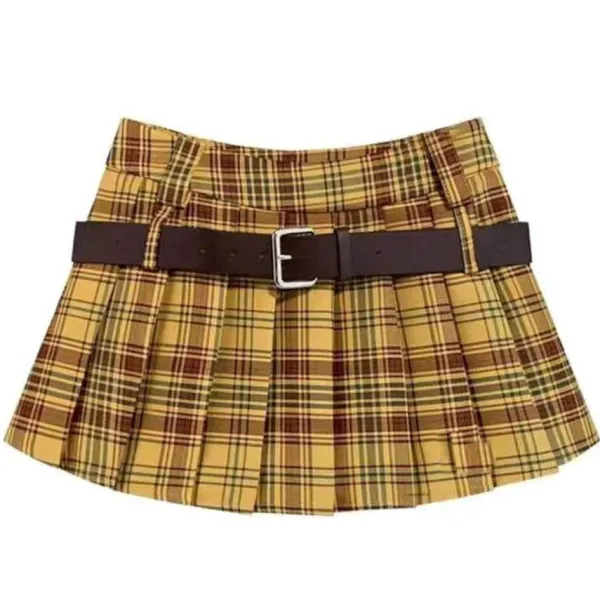 Belts & Chains|Skirts*Boogzel Clothing Double Belt Plaid Pleated Skirt in Yellow
