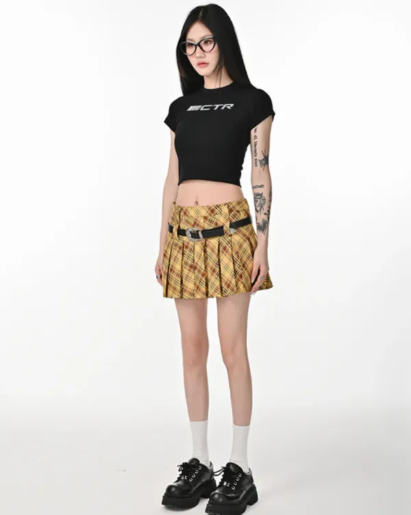 Belts & Chains|Skirts*Boogzel Clothing Double Belt Plaid Pleated Skirt in Yellow