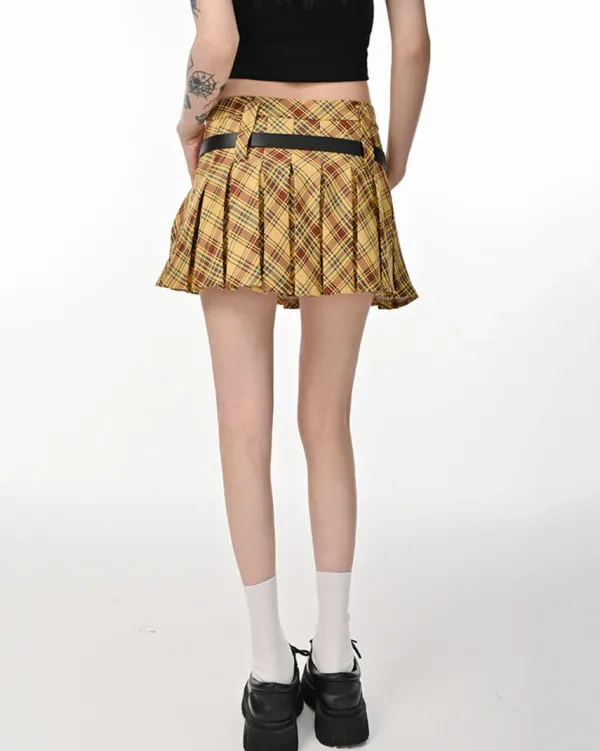 Belts & Chains|Skirts*Boogzel Clothing Double Belt Plaid Pleated Skirt in Yellow