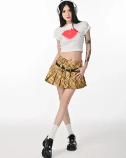 Belts & Chains|Skirts*Boogzel Clothing Double Belt Plaid Pleated Skirt in Yellow