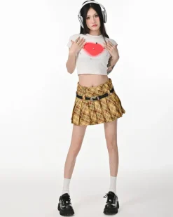 Belts & Chains|Skirts*Boogzel Clothing Double Belt Plaid Pleated Skirt in Yellow