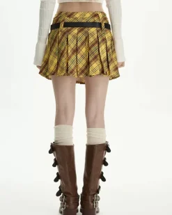 Belts & Chains|Skirts*Boogzel Clothing Double Belt Plaid Pleated Skirt in Yellow