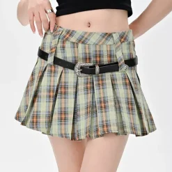 Belts & Chains|Skirts*Boogzel Clothing Double Belt Plaid Pleated Skirt in Green