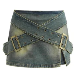 Skirts*Boogzel Clothing Double Buckle Denim Mini Skirt Blue