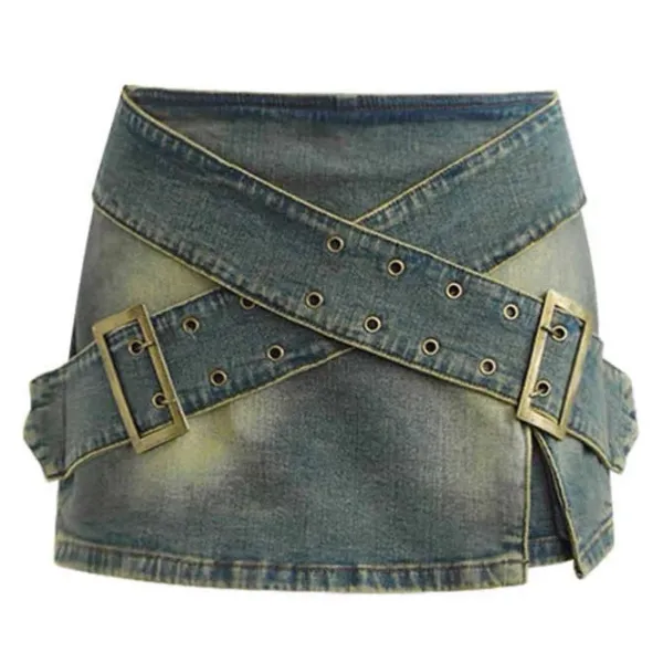 Skirts*Boogzel Clothing Double Buckle Denim Mini Skirt Blue