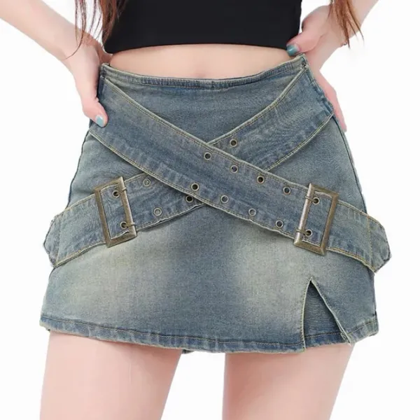 Skirts*Boogzel Clothing Double Buckle Denim Mini Skirt Blue