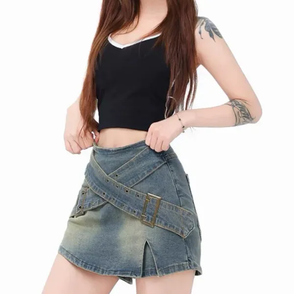 Skirts*Boogzel Clothing Double Buckle Denim Mini Skirt Blue