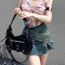 Skirts*Boogzel Clothing Double Buckle Denim Mini Skirt Blue