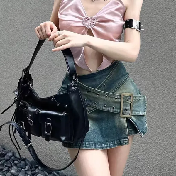 Skirts*Boogzel Clothing Double Buckle Denim Mini Skirt Blue