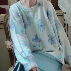 Sweaters*Boogzel Clothing Dreamy Blossom Knit Pullover White/blue