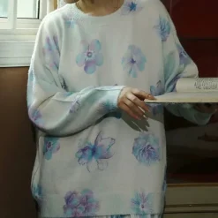 Sweaters*Boogzel Clothing Dreamy Blossom Knit Pullover White/blue