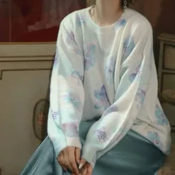Sweaters*Boogzel Clothing Dreamy Blossom Knit Pullover White/blue