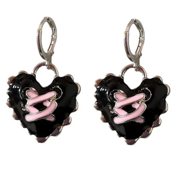 Earrings*Boogzel Clothing Emo Girl Heart Lace Up Earrings Black/pink