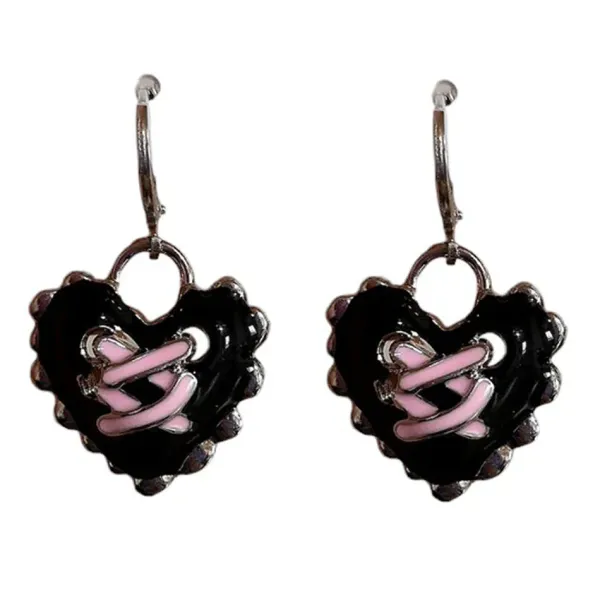 Earrings*Boogzel Clothing Emo Girl Heart Lace Up Earrings Black/pink