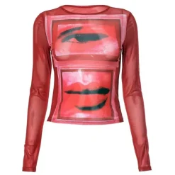 Y2K Tops|Long Sleeve Tops*Boogzel Clothing Eye & Lips Print Mesh Top in Red