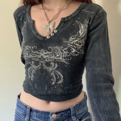 Long Sleeve Tops*Boogzel Clothing Fairy Grunge Aesthetic Crop Top DarkGrey