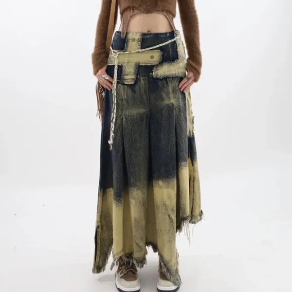 Skirts*Boogzel Clothing Fairy Grunge Washed Long Denim Skirt Brown/grey
