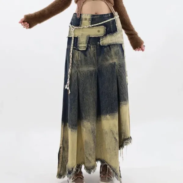 Skirts*Boogzel Clothing Fairy Grunge Washed Long Denim Skirt Brown/grey