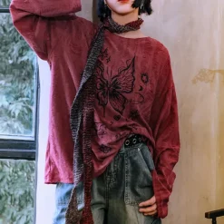 Aesthetic T-Shirts & Graphic Tees|Long Sleeve Tops*Boogzel Clothing Fairycore Aesthetic Butterfly Print Top Red