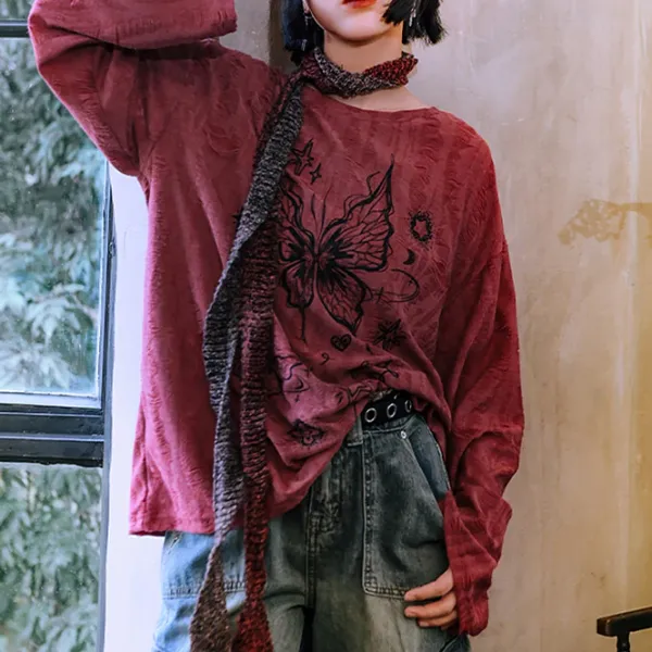 Aesthetic T-Shirts & Graphic Tees|Long Sleeve Tops*Boogzel Clothing Fairycore Aesthetic Butterfly Print Top Red