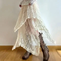 Skirts*Boogzel Clothing Fairycore Asymmetrical Lace Skirt Beige