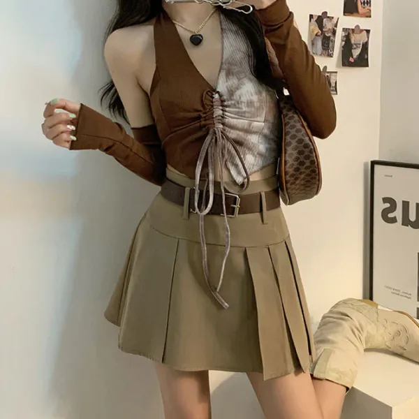 Long Sleeve Tops*Boogzel Clothing Fairycore Halter Top & Gloves Set Brown