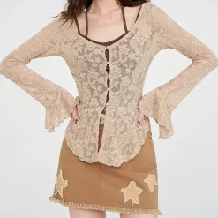 Long Sleeve Tops*Boogzel Clothing Fairycore Lace Flare Sleeve Top Beige