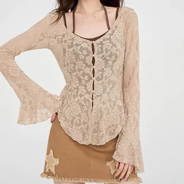 Long Sleeve Tops*Boogzel Clothing Fairycore Lace Flare Sleeve Top Beige