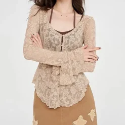 Long Sleeve Tops*Boogzel Clothing Fairycore Lace Flare Sleeve Top Beige
