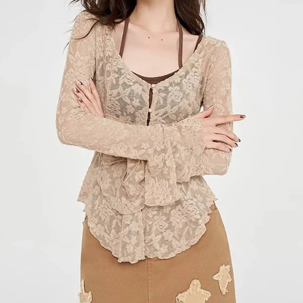 Long Sleeve Tops*Boogzel Clothing Fairycore Lace Flare Sleeve Top Beige