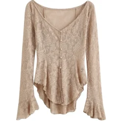 Long Sleeve Tops*Boogzel Clothing Fairycore Lace Flare Sleeve Top Beige
