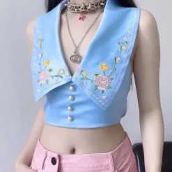 Crop Tops*Boogzel Clothing Floral Embroidered Satin Vest Blue