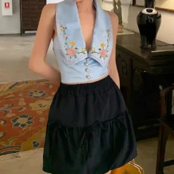 Crop Tops*Boogzel Clothing Floral Embroidered Satin Vest Blue