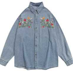 Mens*Boogzel Clothing Floral Embroidery Vintage Denim Shirt Blue