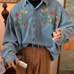 Mens*Boogzel Clothing Floral Embroidery Vintage Denim Shirt Blue