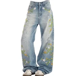 Jeans*Boogzel Clothing Floral Vine Fairycore Embroidery Jeans Blue