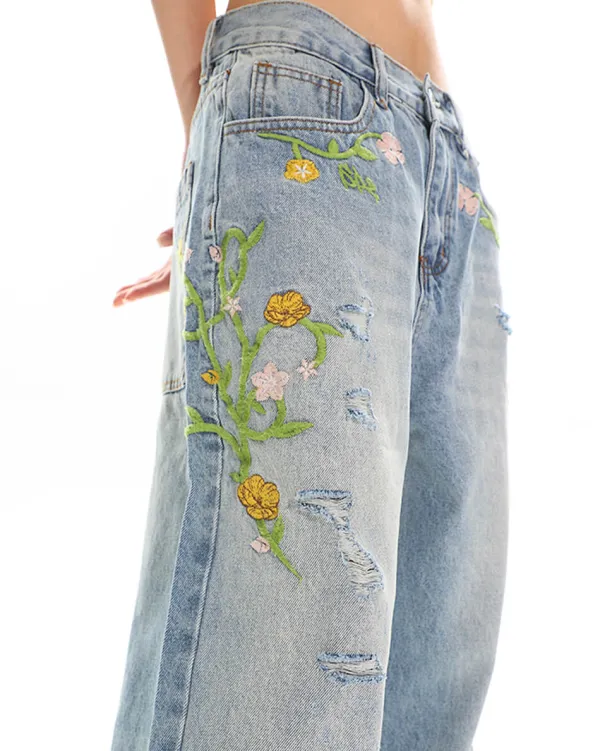 Jeans*Boogzel Clothing Floral Vine Fairycore Embroidery Jeans Blue