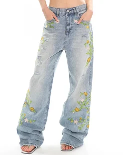 Jeans*Boogzel Clothing Floral Vine Fairycore Embroidery Jeans Blue