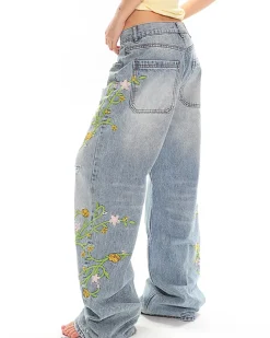 Jeans*Boogzel Clothing Floral Vine Fairycore Embroidery Jeans Blue