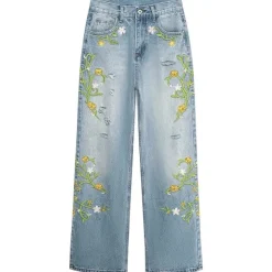 Jeans*Boogzel Clothing Floral Vine Fairycore Embroidery Jeans Blue