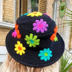 Hats*Boogzel Clothing Flower Crochet Bucket Hat Black