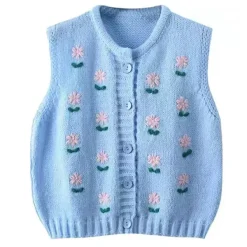 Knit Vests*Boogzel Clothing Flower Embroidery Knit Vest Blue