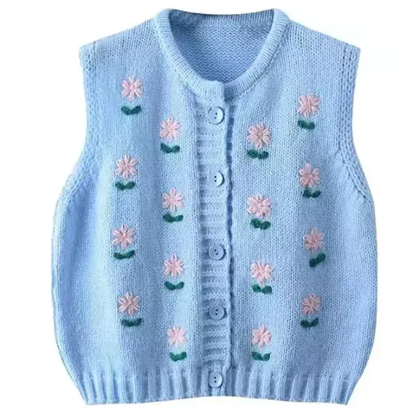 Knit Vests*Boogzel Clothing Flower Embroidery Knit Vest Blue