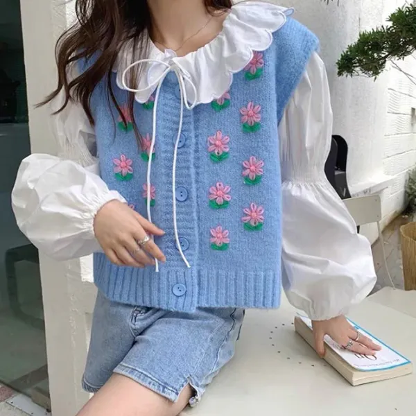 Knit Vests*Boogzel Clothing Flower Embroidery Knit Vest Blue