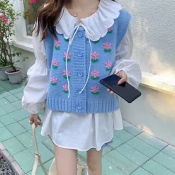 Knit Vests*Boogzel Clothing Flower Embroidery Knit Vest Blue