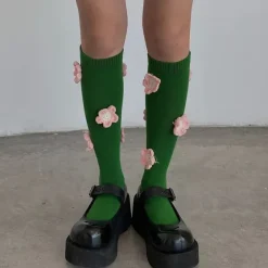Socks*Boogzel Clothing Flower Embroidery Knee Socks Green