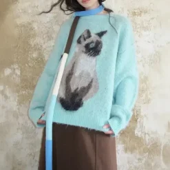 Sweaters*Boogzel Clothing Fluffy Siamese Cat Print Jumper Blue