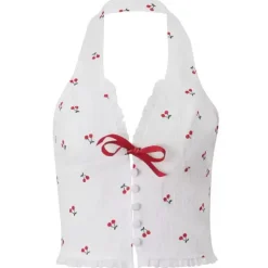 Crop Tops*Boogzel Clothing French Summer Cherry Halter Top White/red