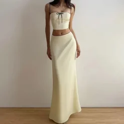 Dresses & Rompers|Skirts*Boogzel Clothing French Summer Satin Top & Maxi Skirt Set Beige